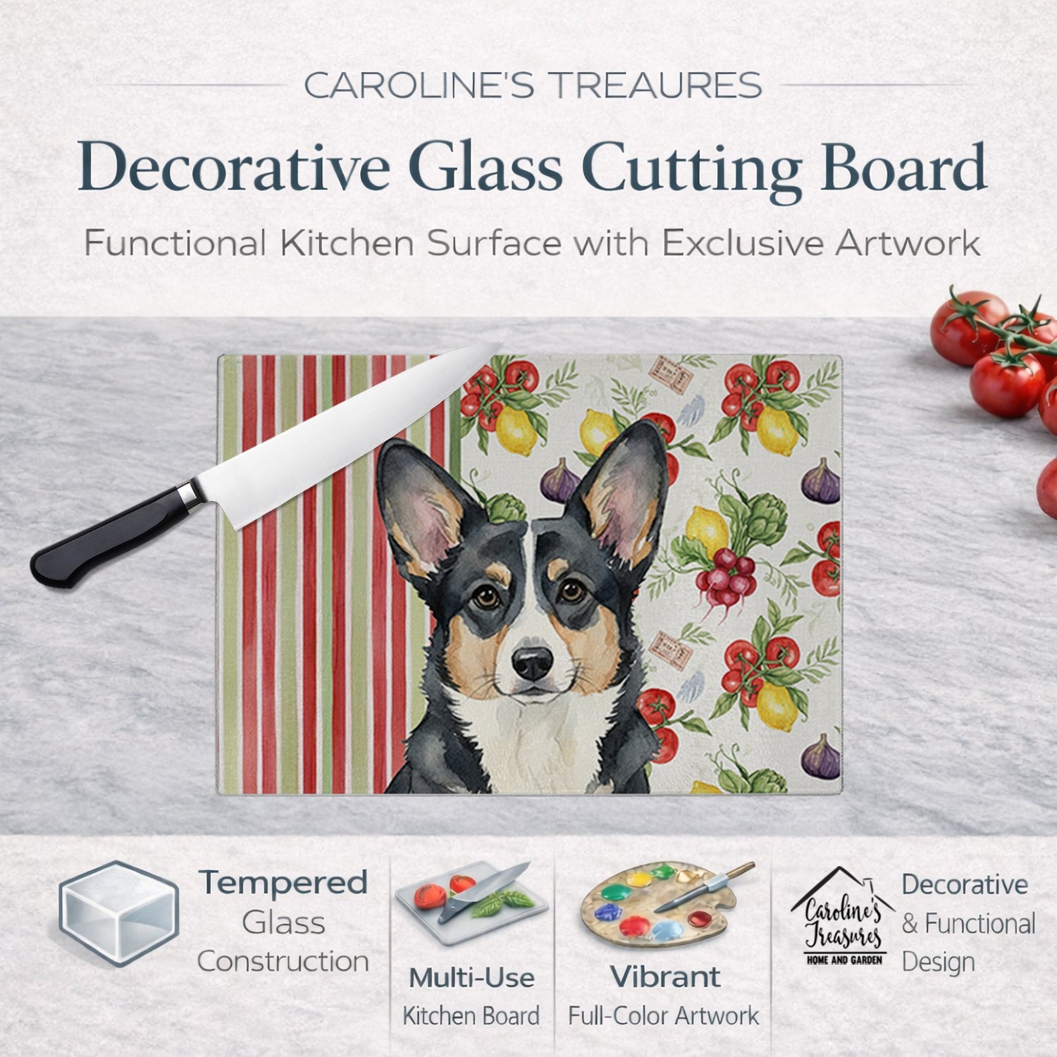 Black and White Cardigan Welsh Corgi Vegetables Cutting Board Tempered Glass Kitchen Cutting Surface, Heat Resistant Chopping, Non-Slip Feet, Food Prep & Serving