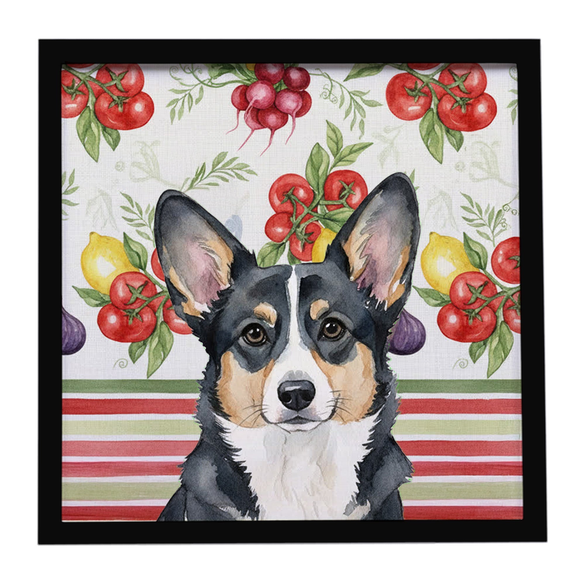 Black and White Cardigan Welsh Corgi Vegetables Framed Metal Print Bathroom, Kitchen, Office, Home Decor Wall Art Ready to Hang, Square, 8X8