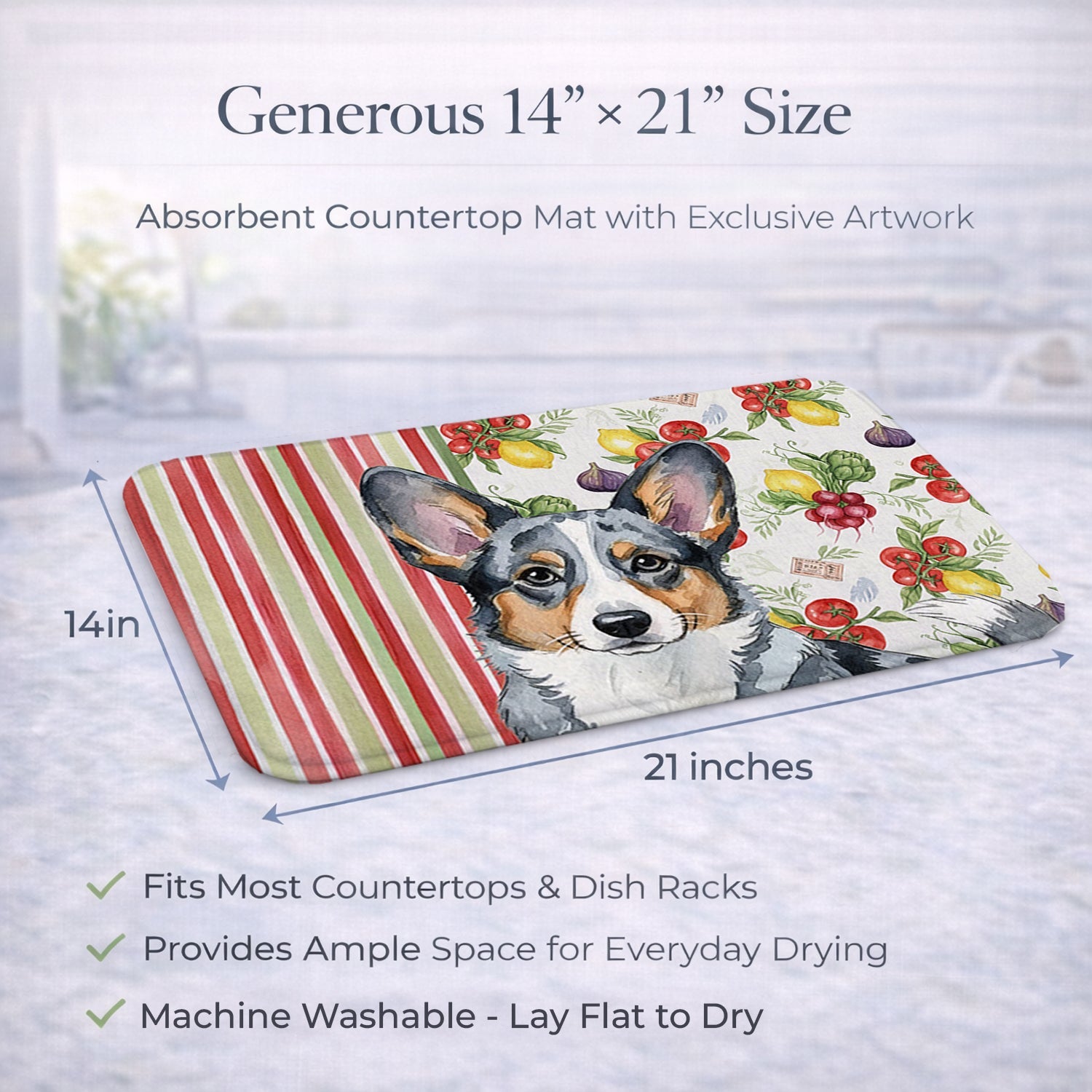 Blue Merle Cardigan Welsh Corgi Vegetables Dish Drying Mat Absorbent Dish Drying Mat Pad for Kitchen Counter Dish Drainer Mat for Countertop, 14 x 21", Multicolor