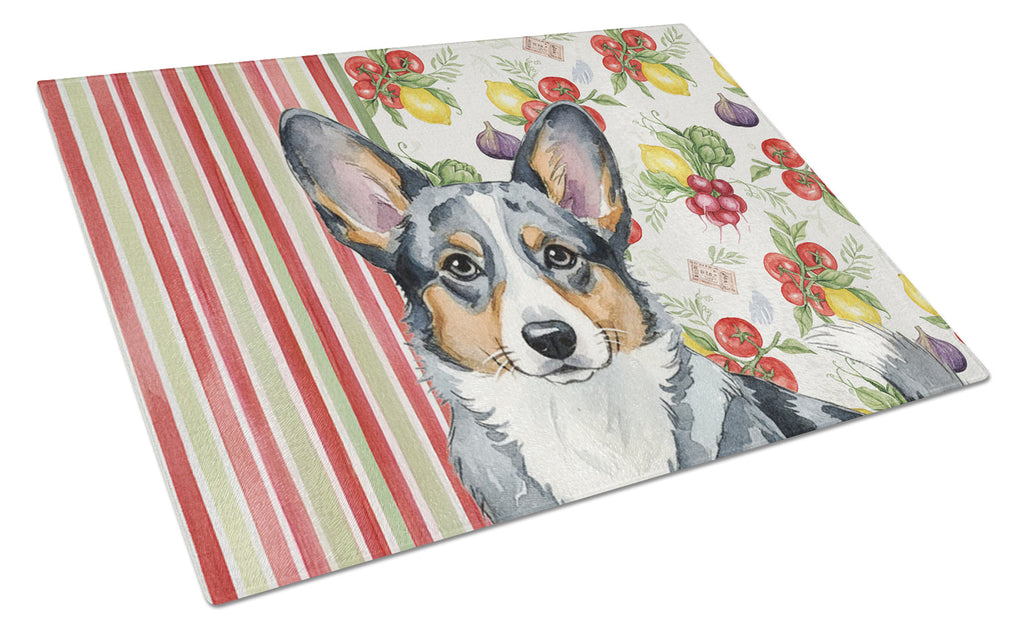Blue Merle Cardigan Welsh Corgi Vegetables Cutting Board Tempered Glass Kitchen Cutting Surface, Heat Resistant Chopping, Non-Slip Feet, Food Prep & Serving