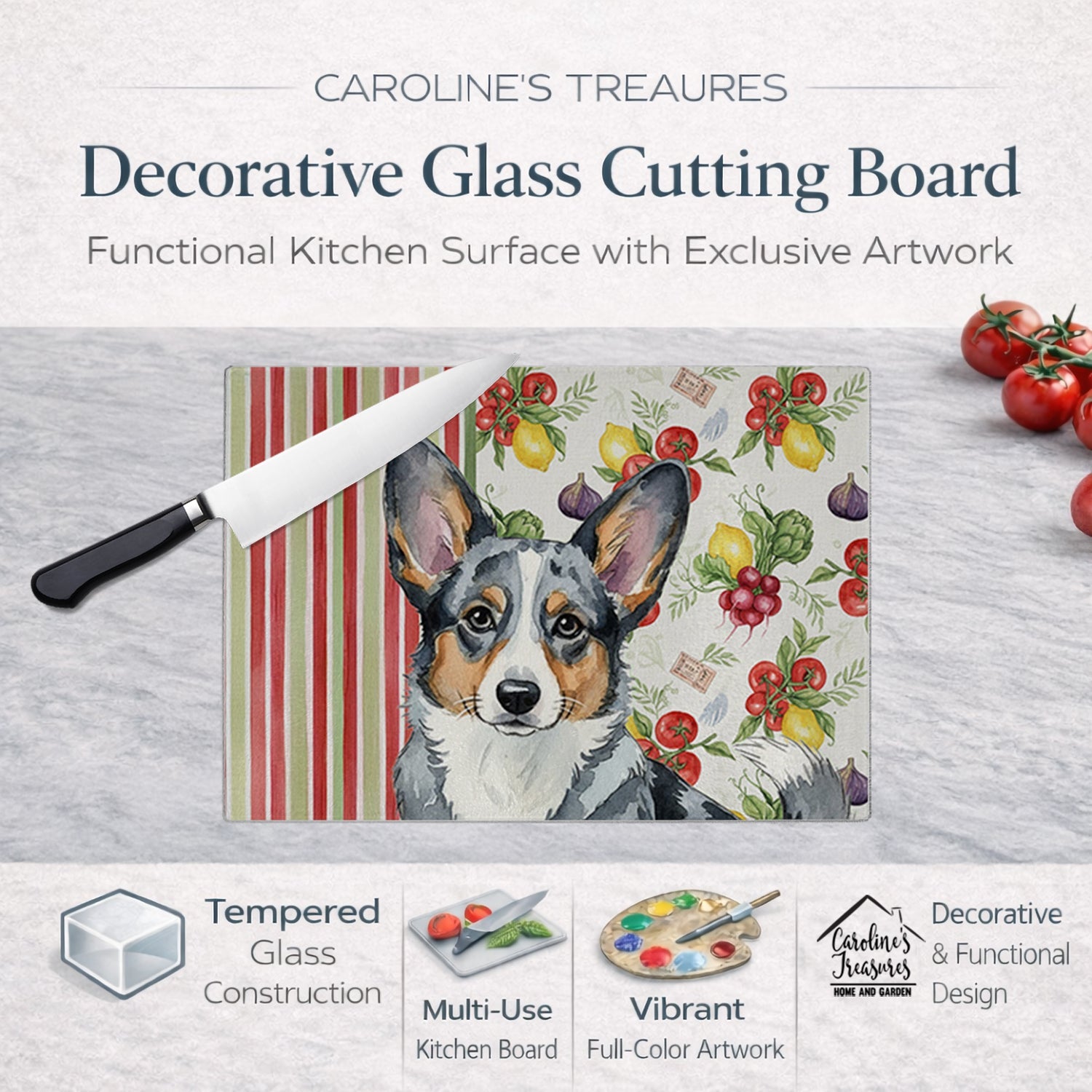 Blue Merle Cardigan Welsh Corgi Vegetables Cutting Board Tempered Glass Kitchen Cutting Surface, Heat Resistant Chopping, Non-Slip Feet, Food Prep & Serving