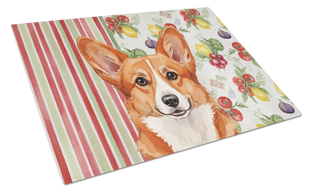 Red Cardigan Welsh Corgi Vegetables Cutting Board Tempered Glass Kitchen Cutting Surface, Heat Resistant Chopping, Non-Slip Feet, Food Prep & Serving