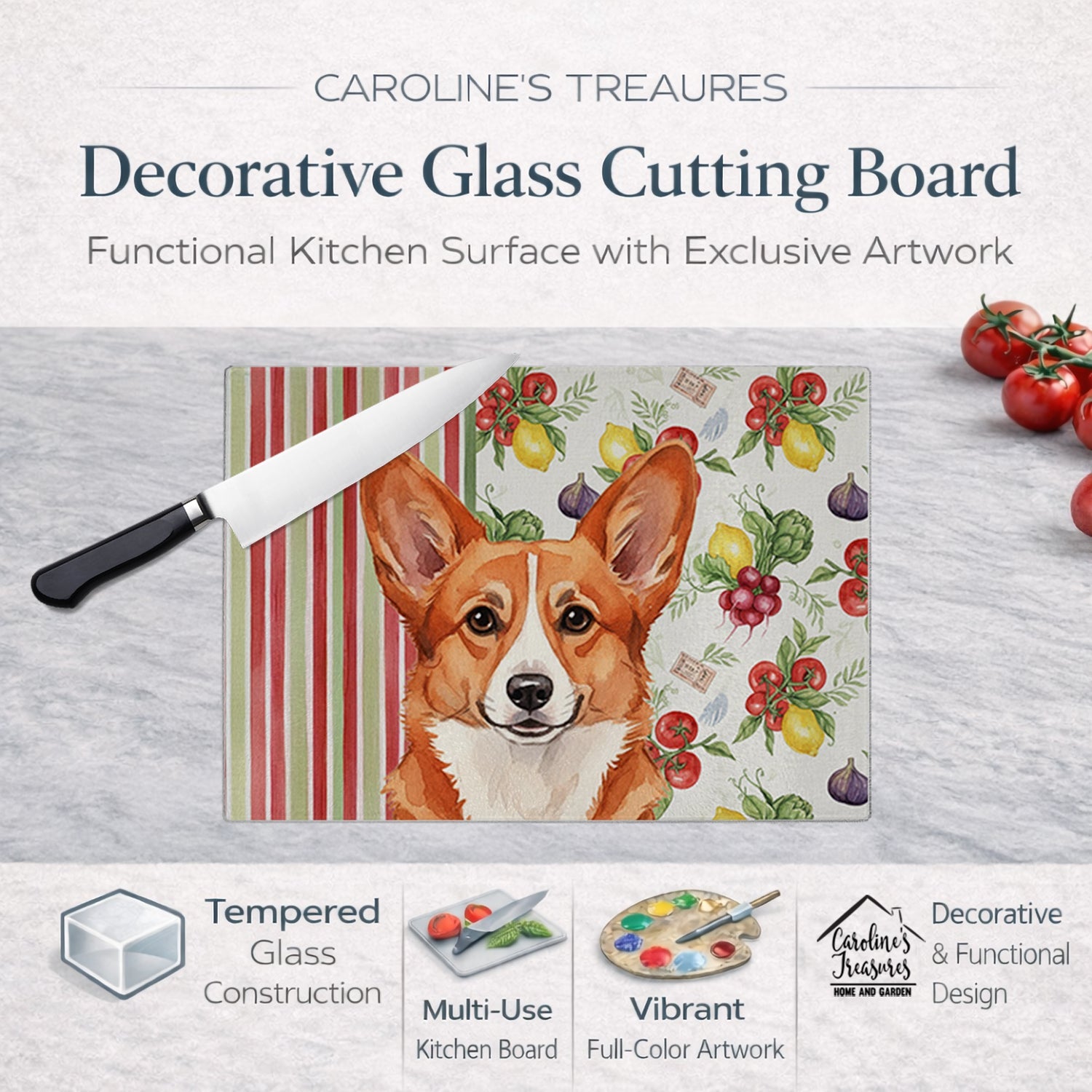 Red Cardigan Welsh Corgi Vegetables Cutting Board Tempered Glass Kitchen Cutting Surface, Heat Resistant Chopping, Non-Slip Feet, Food Prep & Serving