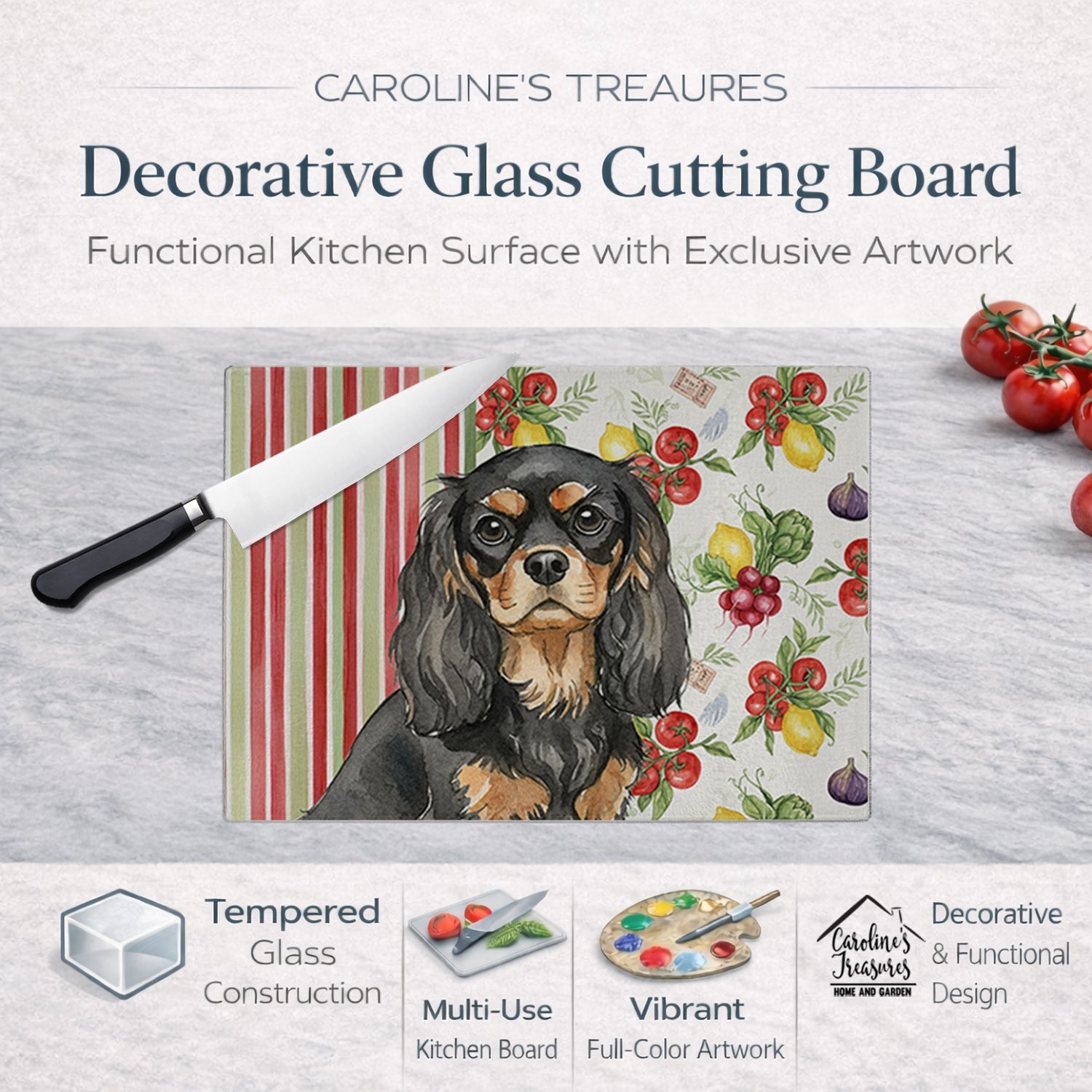 Black and Tan Cavalier Spaniel Vegetables Cutting Board Tempered Glass Kitchen Cutting Surface, Heat Resistant Chopping, Non-Slip Feet, Food Prep & Serving
