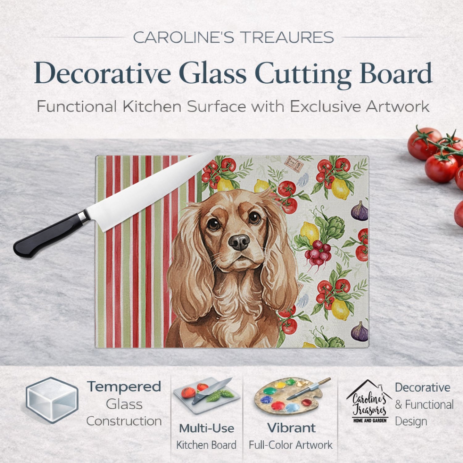 Ruby Cavalier Spaniel Vegetables Cutting Board Tempered Glass Kitchen Cutting Surface, Heat Resistant Chopping, Non-Slip Feet, Food Prep & Serving
