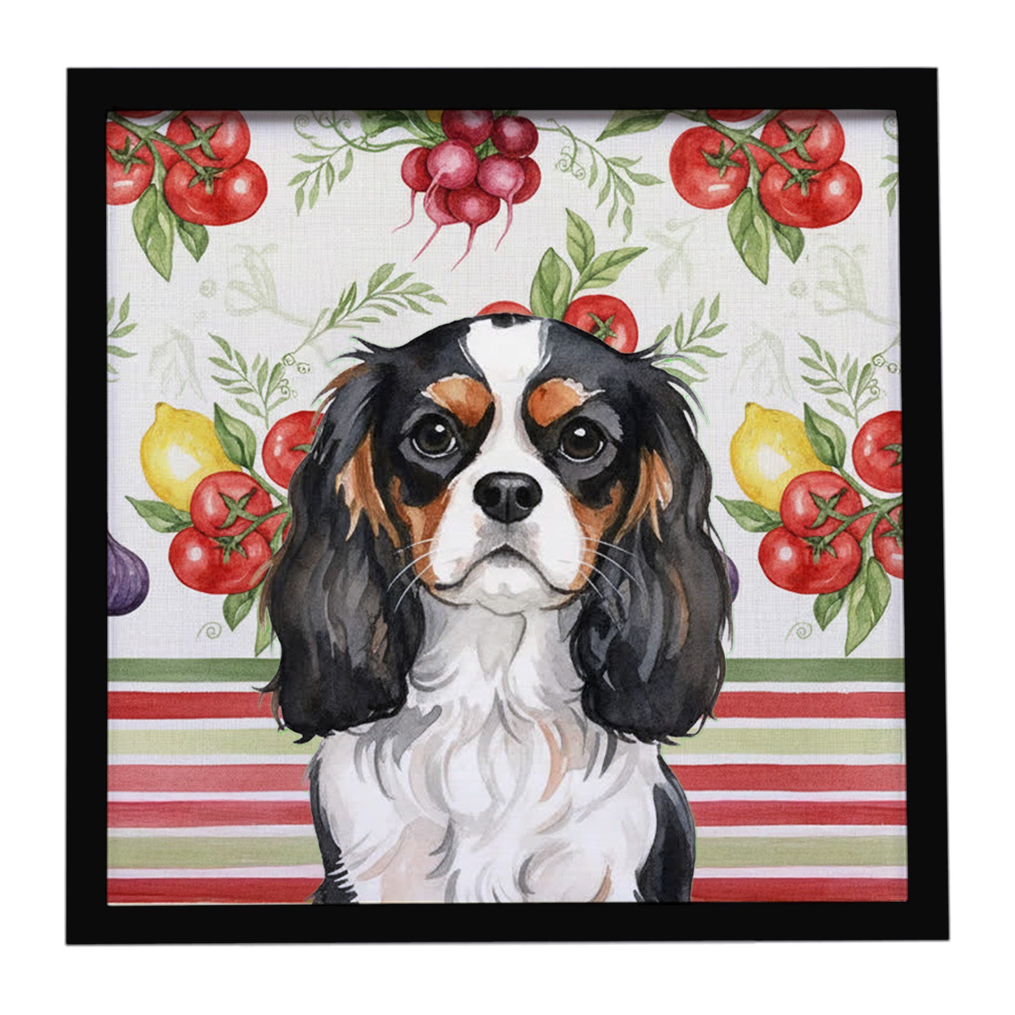 Tricolor Cavalier Spaniel Vegetables Framed Metal Print Bathroom, Kitchen, Office, Home Decor Wall Art Ready to Hang, Square, 8X8