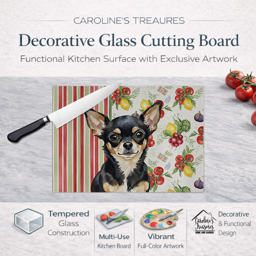Black and Tan Chihuahua Vegetables Cutting Board Tempered Glass Kitchen Cutting Surface, Heat Resistant Chopping, Non-Slip Feet, Food Prep & Serving