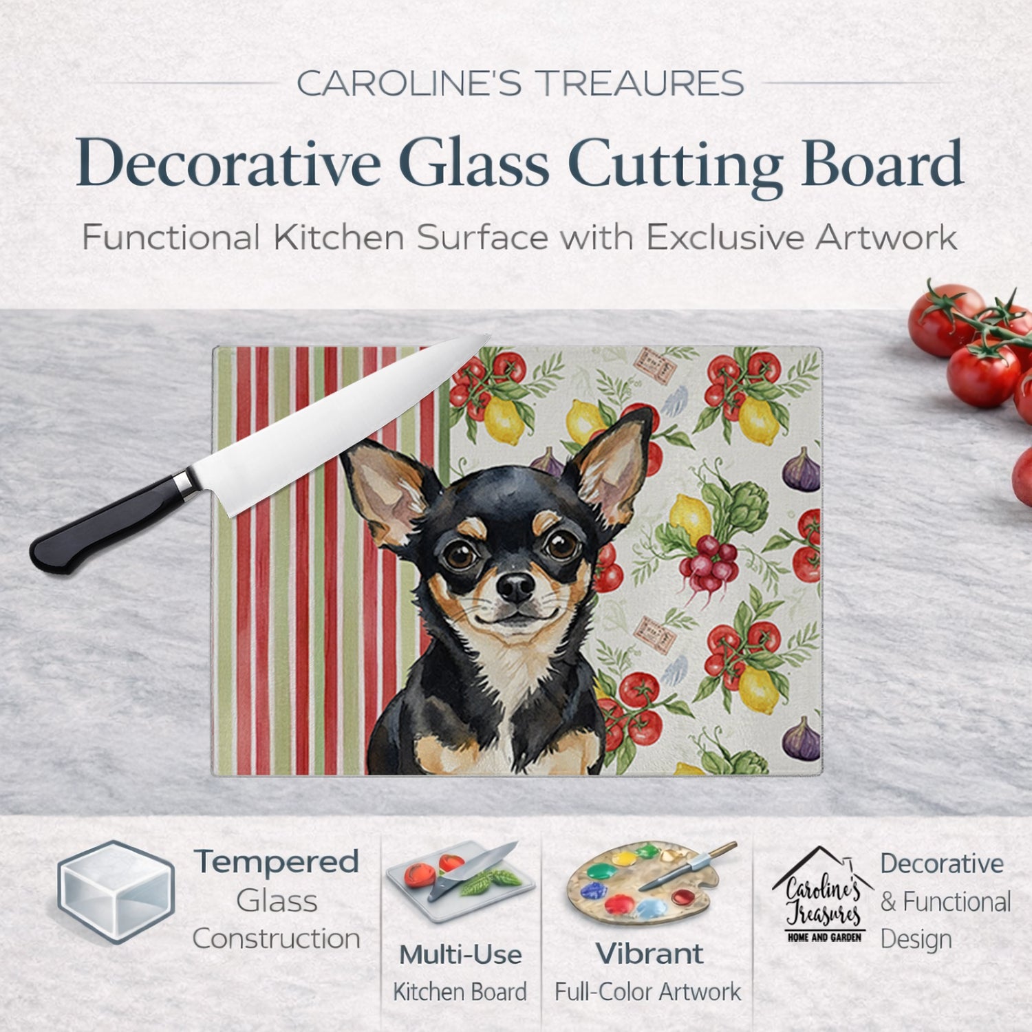Black and Tan Chihuahua Vegetables Cutting Board Tempered Glass Kitchen Cutting Surface, Heat Resistant Chopping, Non-Slip Feet, Food Prep & Serving