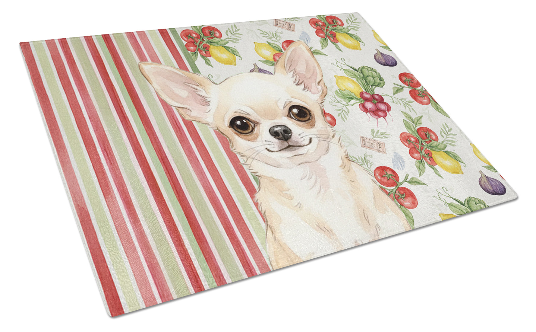 Cream Chihuahua Vegetables Cutting Board Tempered Glass Kitchen Cutting Surface, Heat Resistant Chopping, Non-Slip Feet, Food Prep & Serving