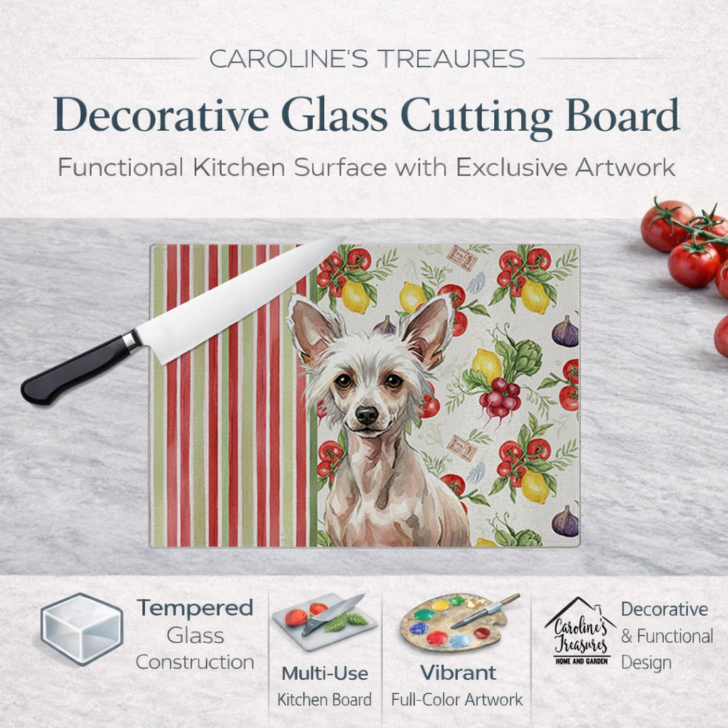 Hairless Chinese Crested Vegetables Cutting Board Tempered Glass Kitchen Cutting Surface, Heat Resistant Chopping, Non-Slip Feet, Food Prep & Serving