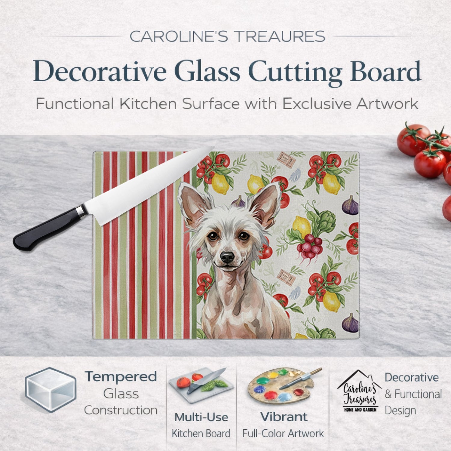 Hairless Chinese Crested Vegetables Cutting Board Tempered Glass Kitchen Cutting Surface, Heat Resistant Chopping, Non-Slip Feet, Food Prep & Serving