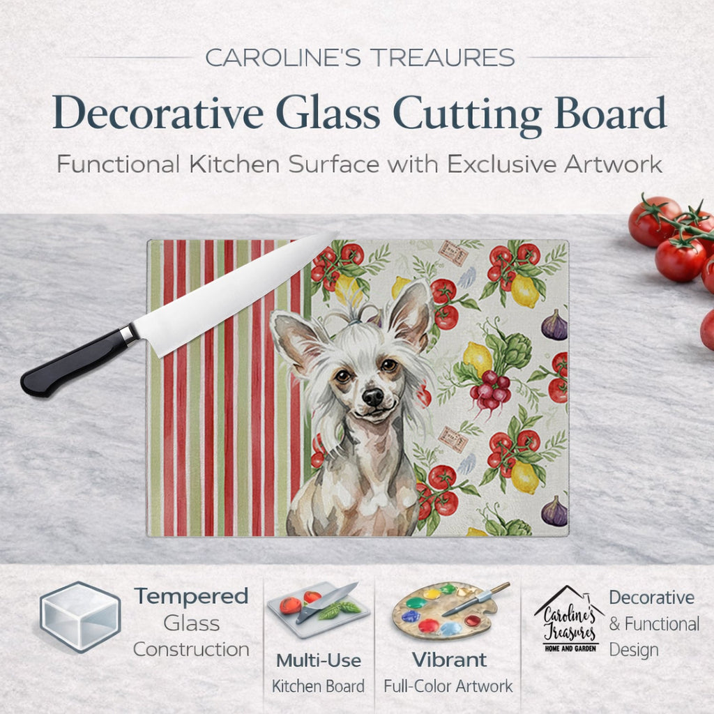 Hairless Mottled Pattern Chinese Crested Vegetables Cutting Board Tempered Glass Kitchen Cutting Surface, Heat Resistant Chopping, Non-Slip Feet, Food Prep & Serving