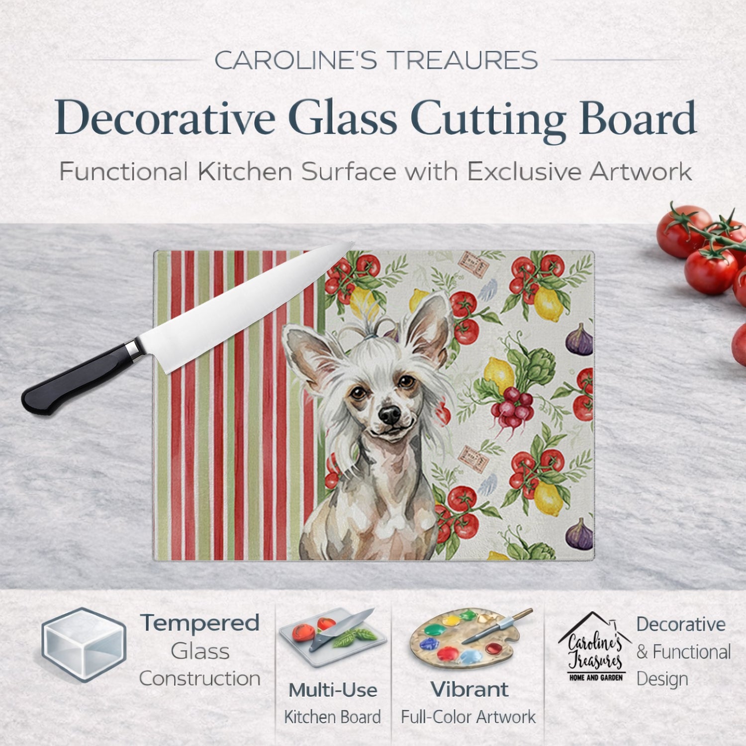 Hairless Mottled Pattern Chinese Crested Vegetables Cutting Board Tempered Glass Kitchen Cutting Surface, Heat Resistant Chopping, Non-Slip Feet, Food Prep & Serving