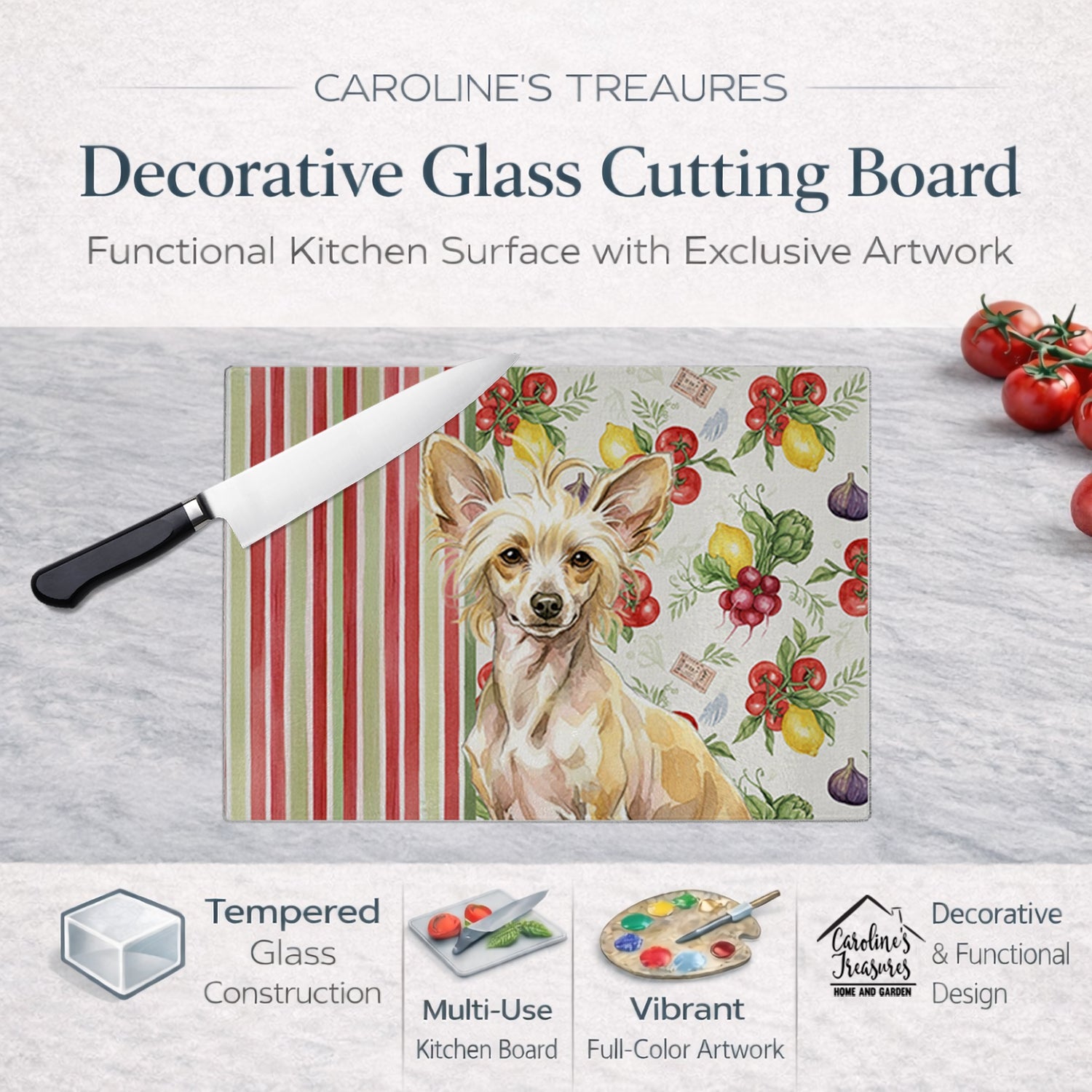 Hairless Palomino Chinese Crested Vegetables Cutting Board Tempered Glass Kitchen Cutting Surface, Heat Resistant Chopping, Non-Slip Feet, Food Prep & Serving
