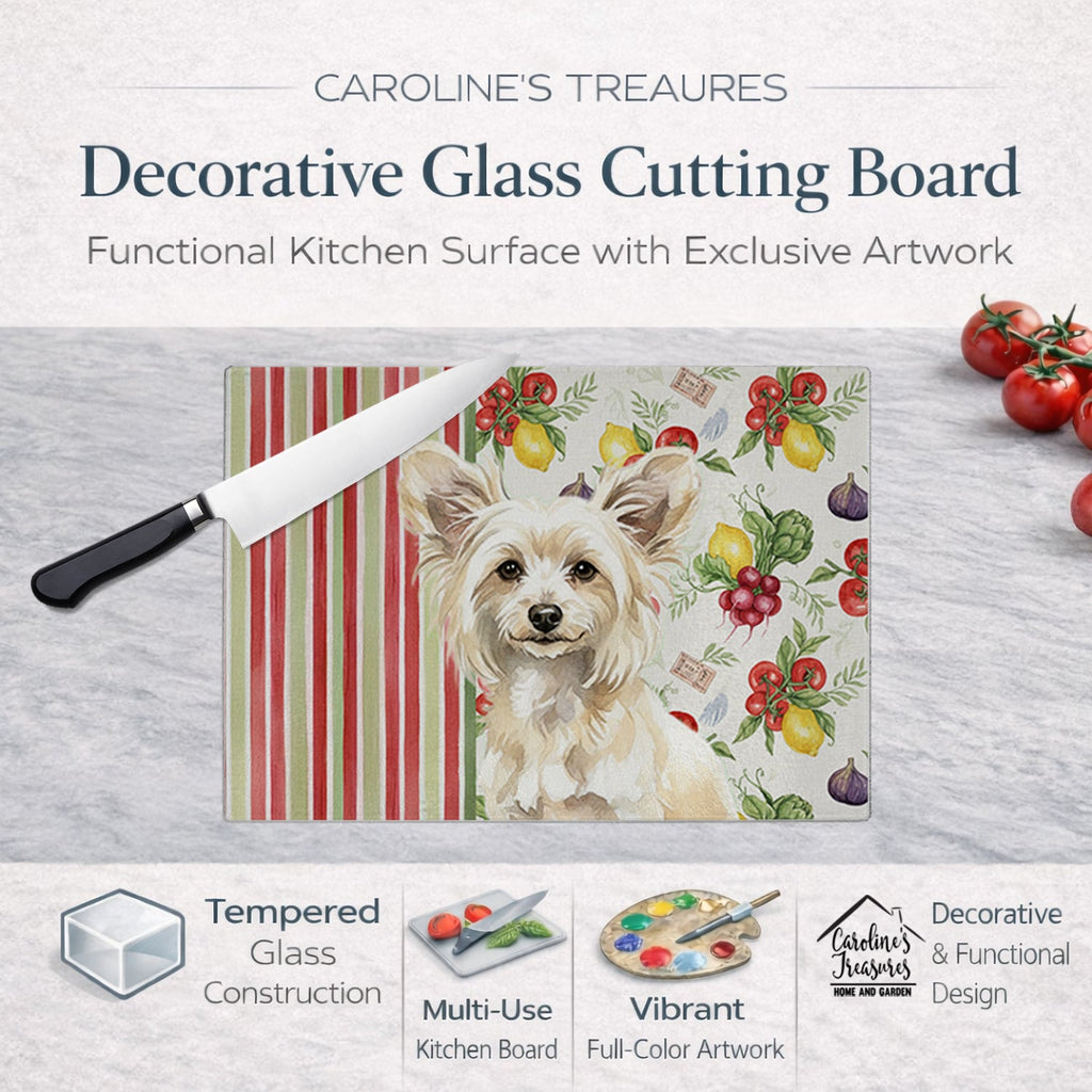 Powderpuff Chinese Crested Vegetables Cutting Board Tempered Glass Kitchen Cutting Surface, Heat Resistant Chopping, Non-Slip Feet, Food Prep & Serving
