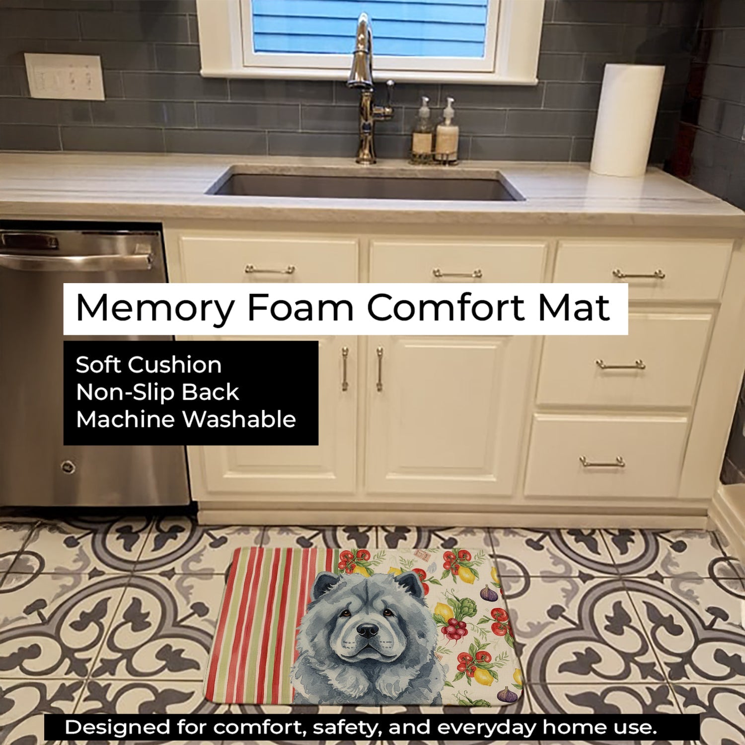 Blue Chow Chow Vegetables Memory Foam Kitchen Mat Machine Washable Anti-Fatigue Cushion Comfort Bath or Kitchen Rug
