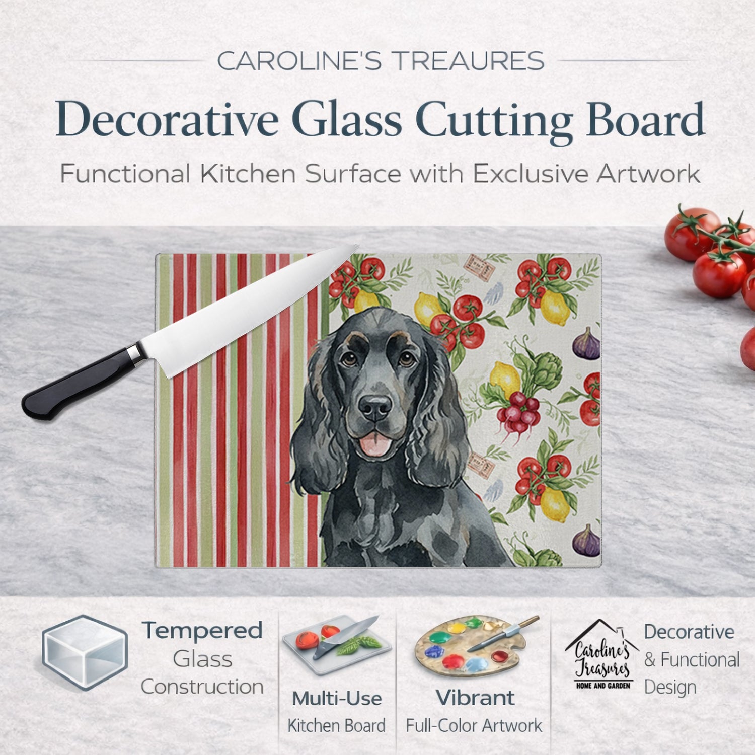 Black Cocker Spaniel Vegetables Cutting Board Tempered Glass Kitchen Cutting Surface, Heat Resistant Chopping, Non-Slip Feet, Food Prep & Serving
