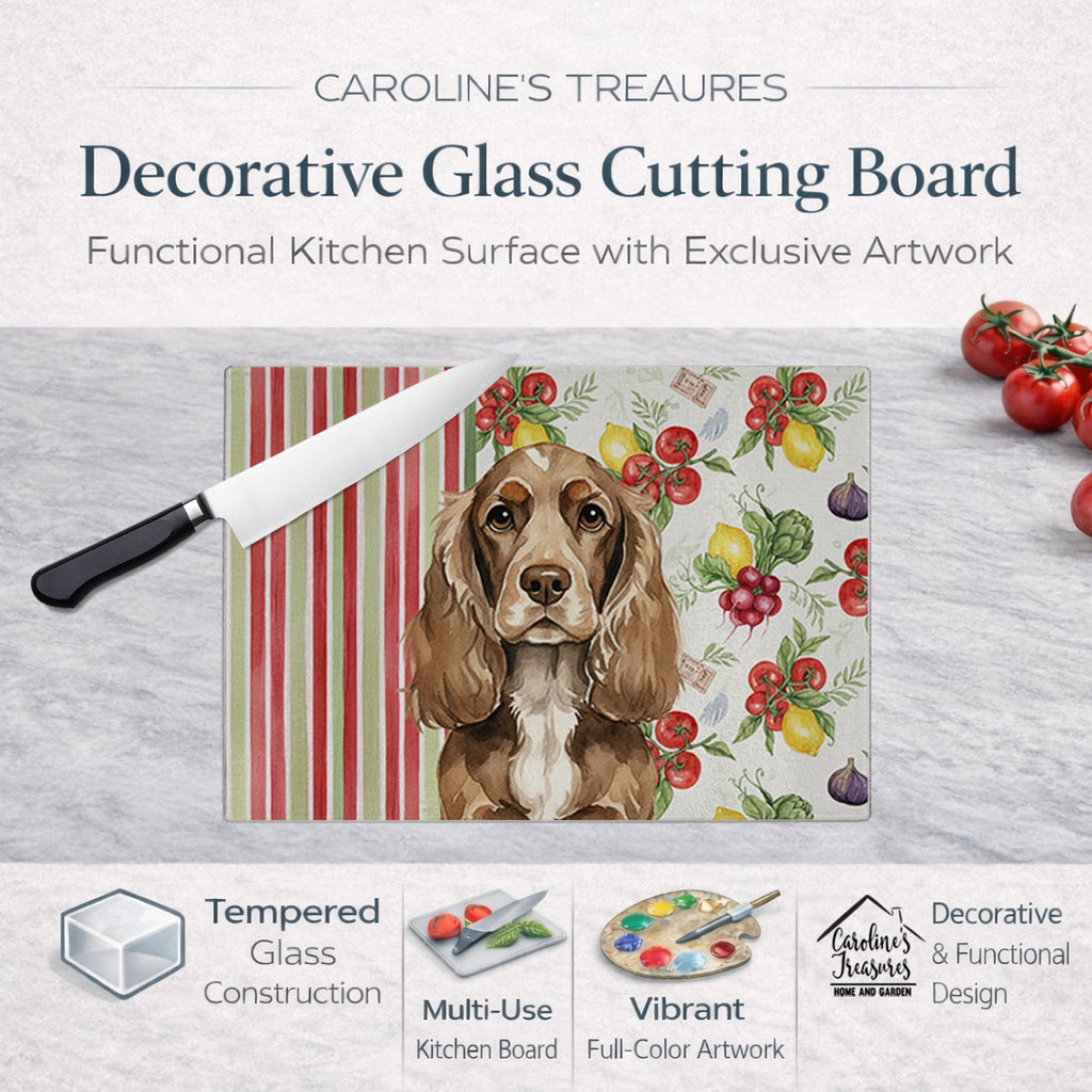 Chocolate Cocker Spaniel Vegetables Cutting Board Tempered Glass Kitchen Cutting Surface, Heat Resistant Chopping, Non-Slip Feet, Food Prep & Serving