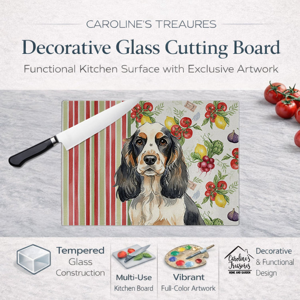 Parti Cocker Spaniel Vegetables Cutting Board Tempered Glass Kitchen Cutting Surface, Heat Resistant Chopping, Non-Slip Feet, Food Prep & Serving