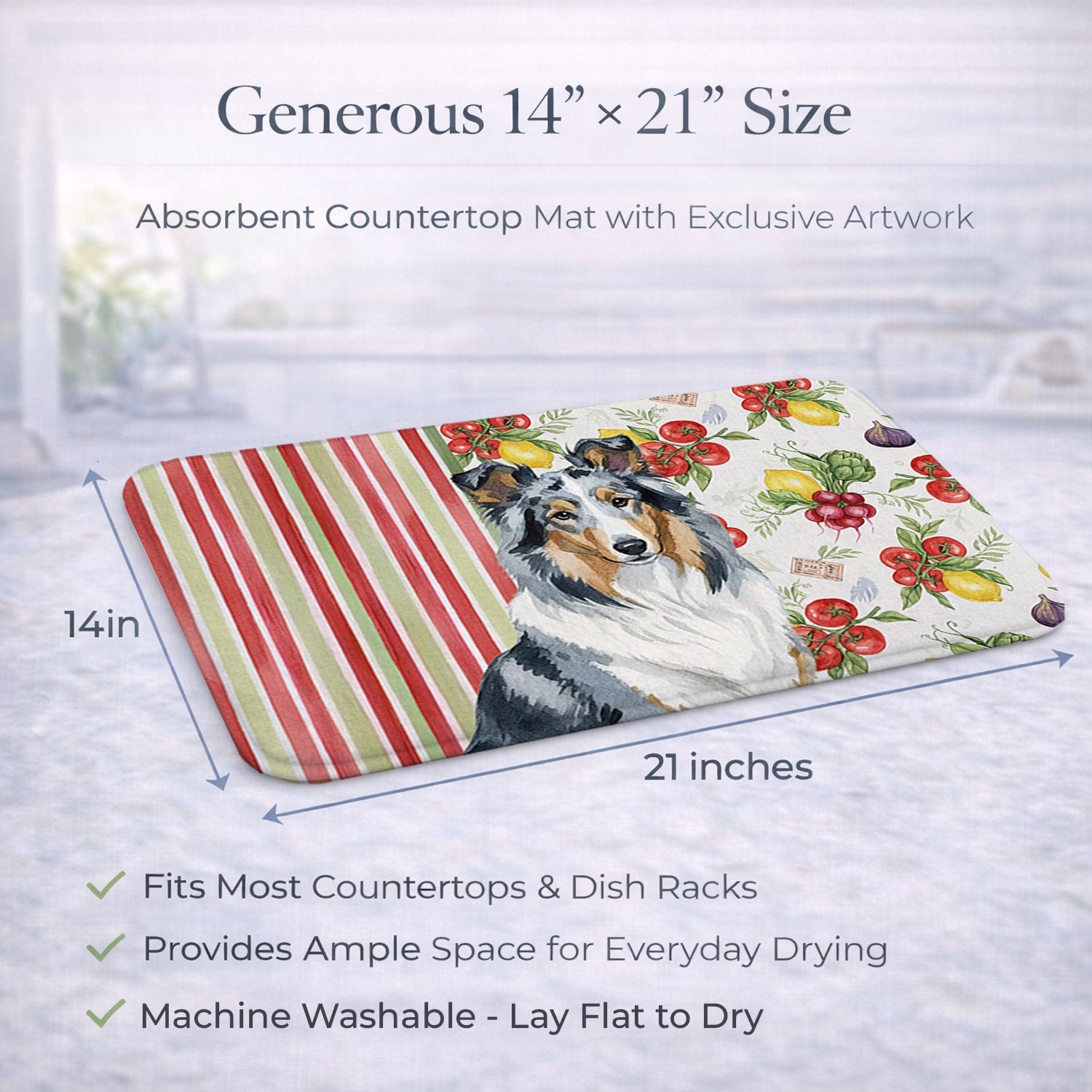 Blue Merle Collie Vegetables Dish Drying Mat Absorbent Dish Drying Mat Pad for Kitchen Counter Dish Drainer Mat for Countertop, 14 x 21", Multicolor