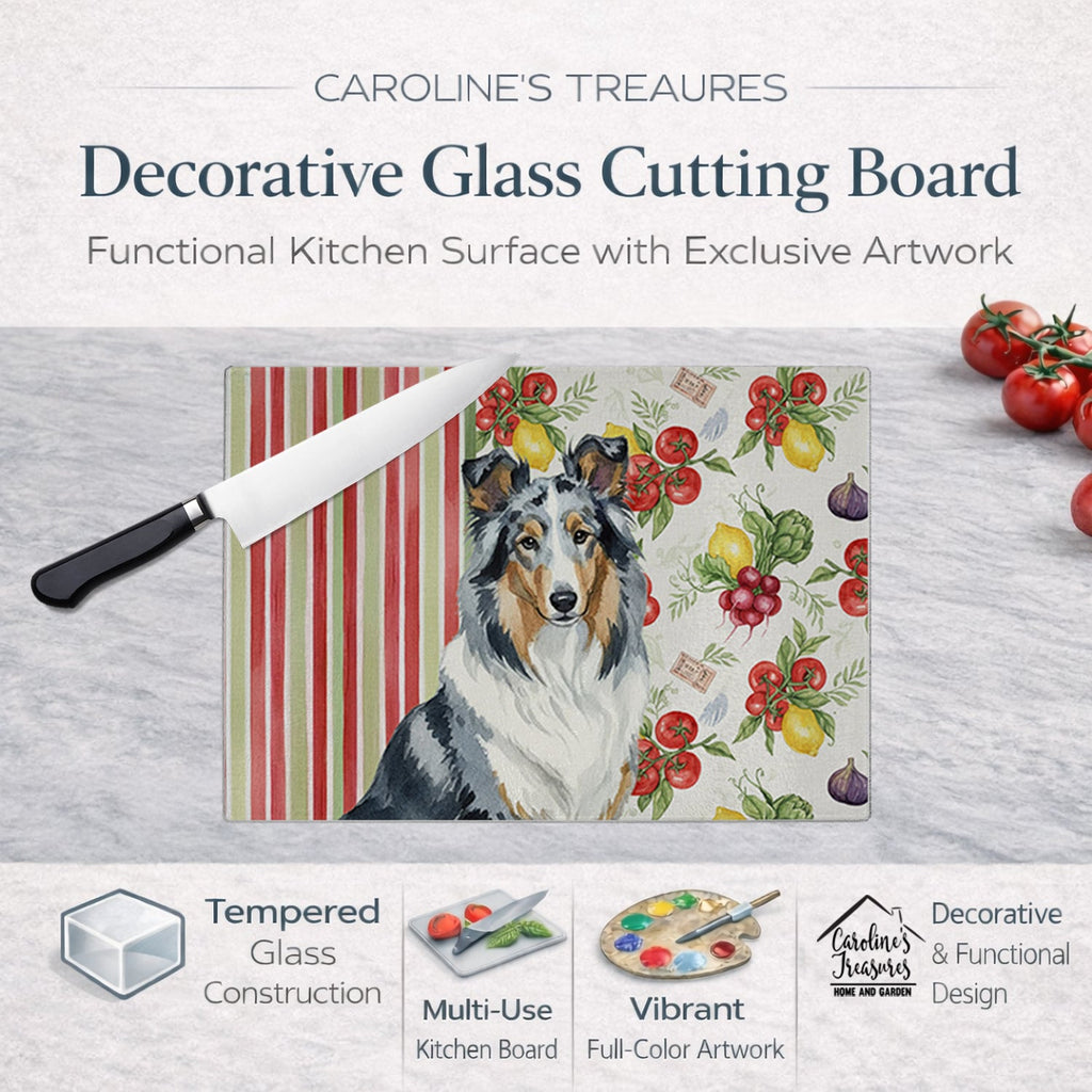 Blue Merle Collie Vegetables Cutting Board Tempered Glass Kitchen Cutting Surface, Heat Resistant Chopping, Non-Slip Feet, Food Prep & Serving