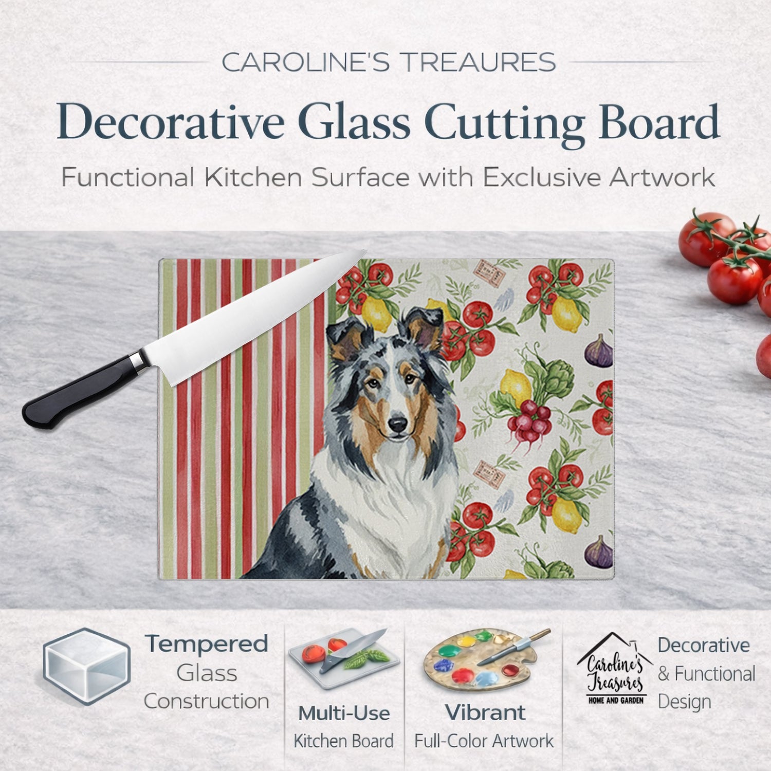 Blue Merle Collie Vegetables Cutting Board Tempered Glass Kitchen Cutting Surface, Heat Resistant Chopping, Non-Slip Feet, Food Prep & Serving
