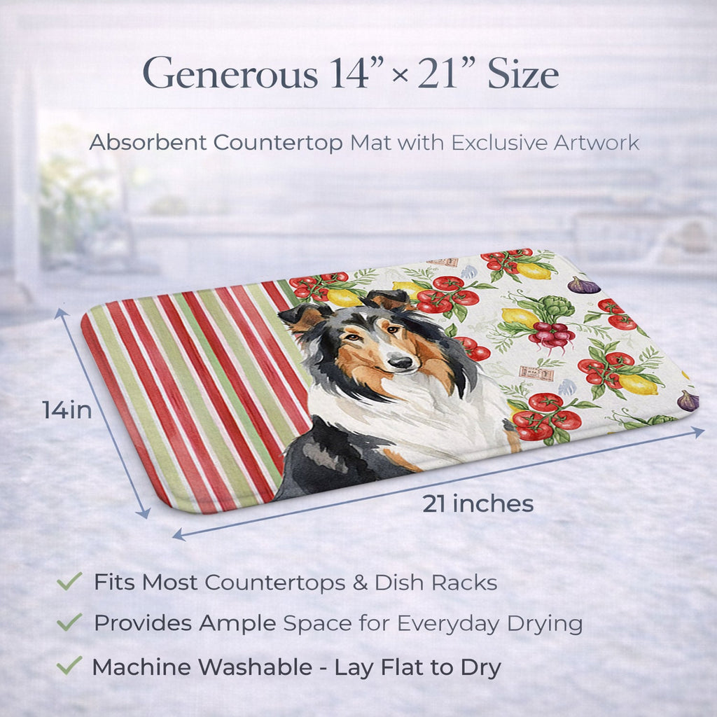 Tricolor Collie Vegetables Dish Drying Mat Absorbent Dish Drying Mat Pad for Kitchen Counter Dish Drainer Mat for Countertop, 14 x 21", Multicolor
