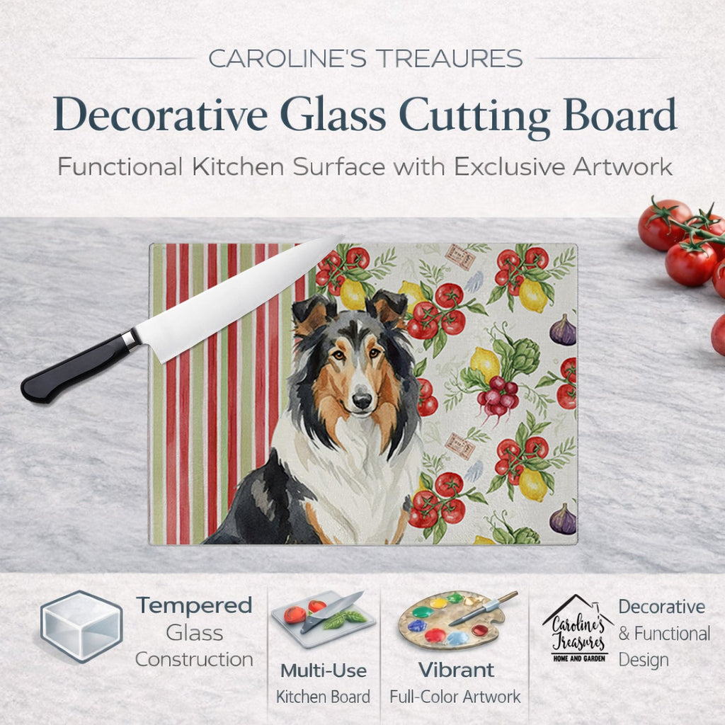 Tricolor Collie Vegetables Cutting Board Tempered Glass Kitchen Cutting Surface, Heat Resistant Chopping, Non-Slip Feet, Food Prep & Serving