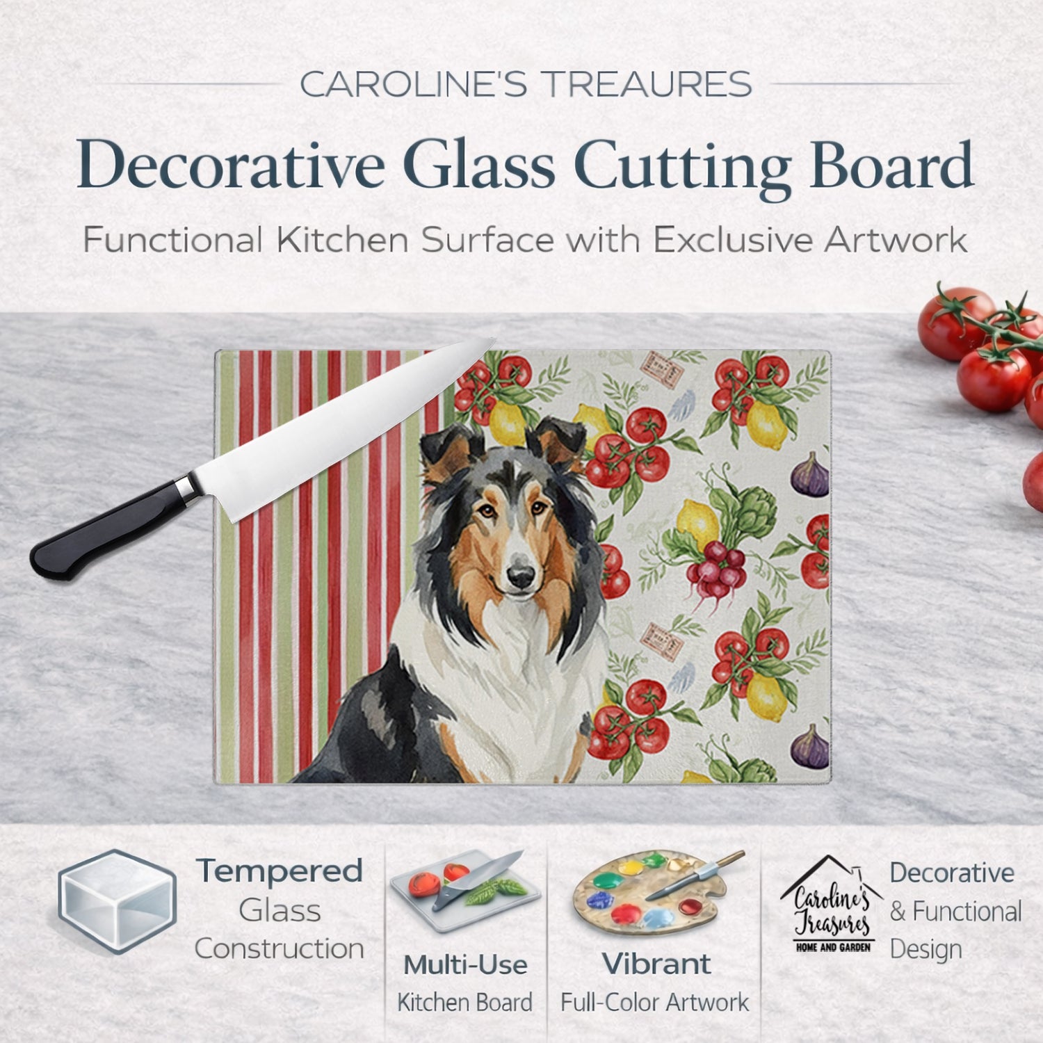 Tricolor Collie Vegetables Cutting Board Tempered Glass Kitchen Cutting Surface, Heat Resistant Chopping, Non-Slip Feet, Food Prep & Serving