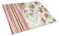 White Collie Vegetables Cutting Board Tempered Glass Kitchen Cutting Surface, Heat Resistant Chopping, Non-Slip Feet, Food Prep & Serving