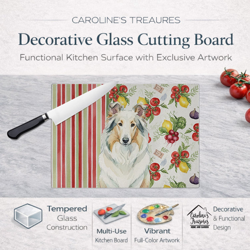 White Collie Vegetables Cutting Board Tempered Glass Kitchen Cutting Surface, Heat Resistant Chopping, Non-Slip Feet, Food Prep & Serving