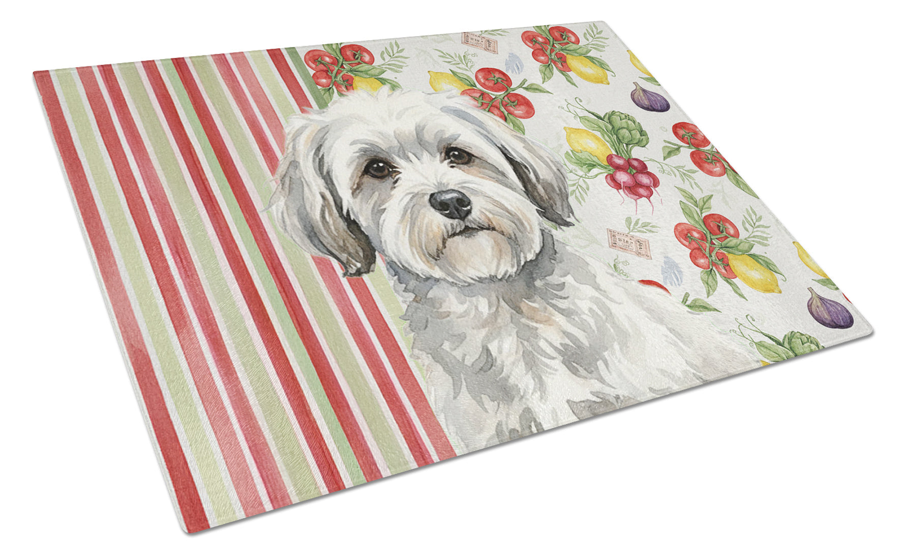 White with Gray Coton de Tulear Vegetables Cutting Board Tempered Glass Kitchen Cutting Surface, Heat Resistant Chopping, Non-Slip Feet, Food Prep & Serving