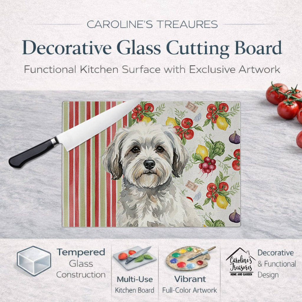 White with Gray Coton de Tulear Vegetables Cutting Board Tempered Glass Kitchen Cutting Surface, Heat Resistant Chopping, Non-Slip Feet, Food Prep & Serving