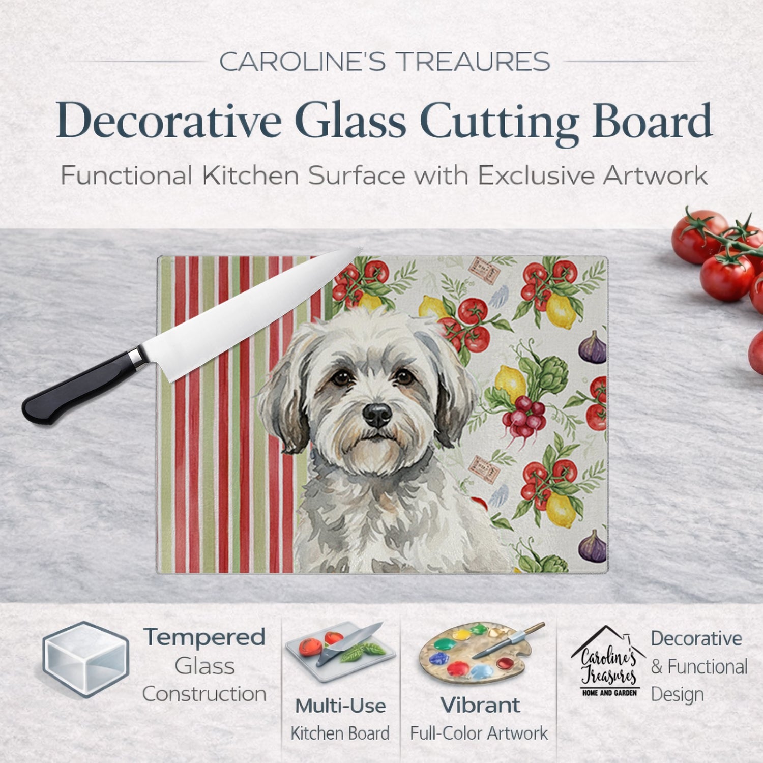 White with Gray Coton de Tulear Vegetables Cutting Board Tempered Glass Kitchen Cutting Surface, Heat Resistant Chopping, Non-Slip Feet, Food Prep & Serving