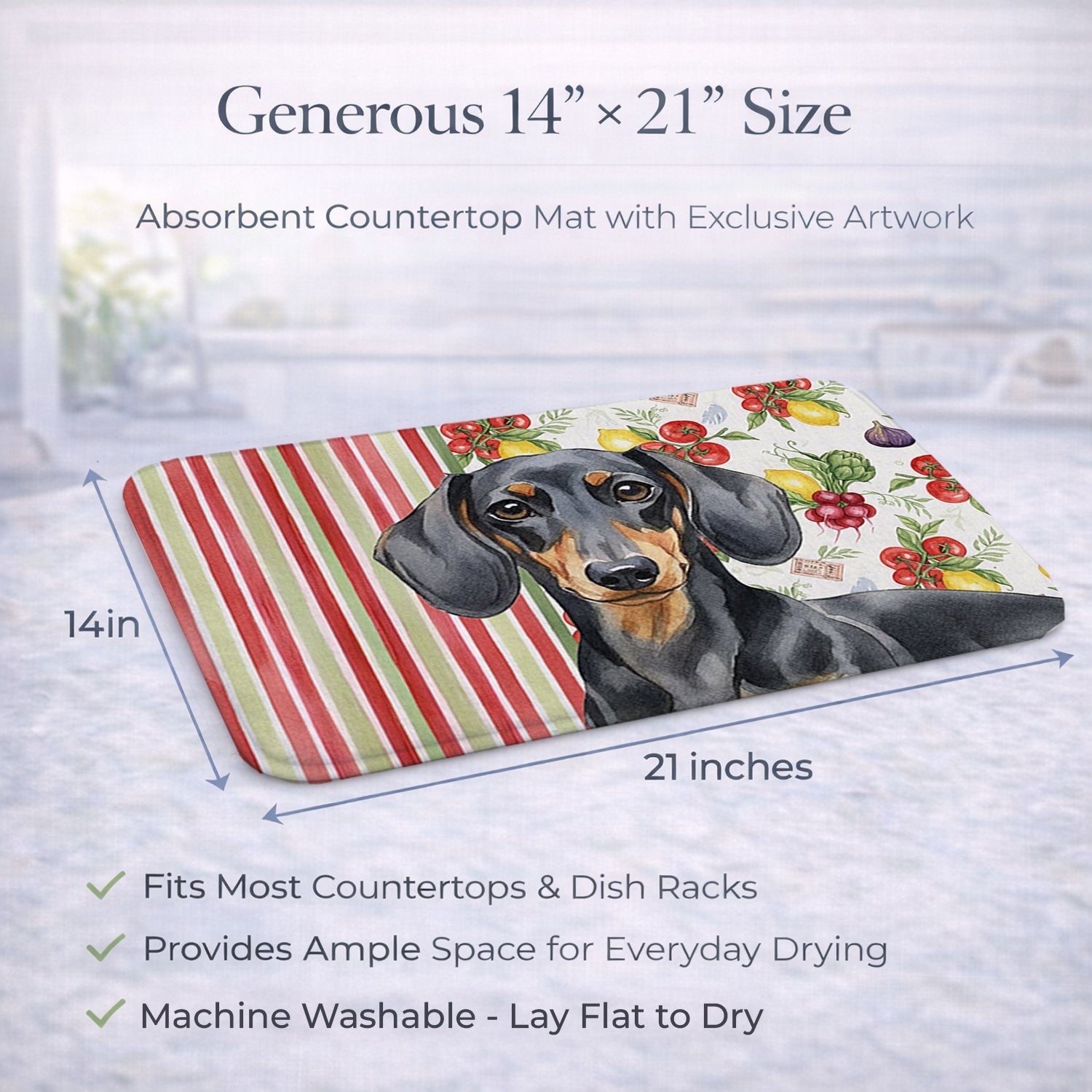 Black and Tan Dachshund Vegetables Dish Drying Mat Absorbent Dish Drying Mat Pad for Kitchen Counter Dish Drainer Mat for Countertop, 14 x 21", Multicolor