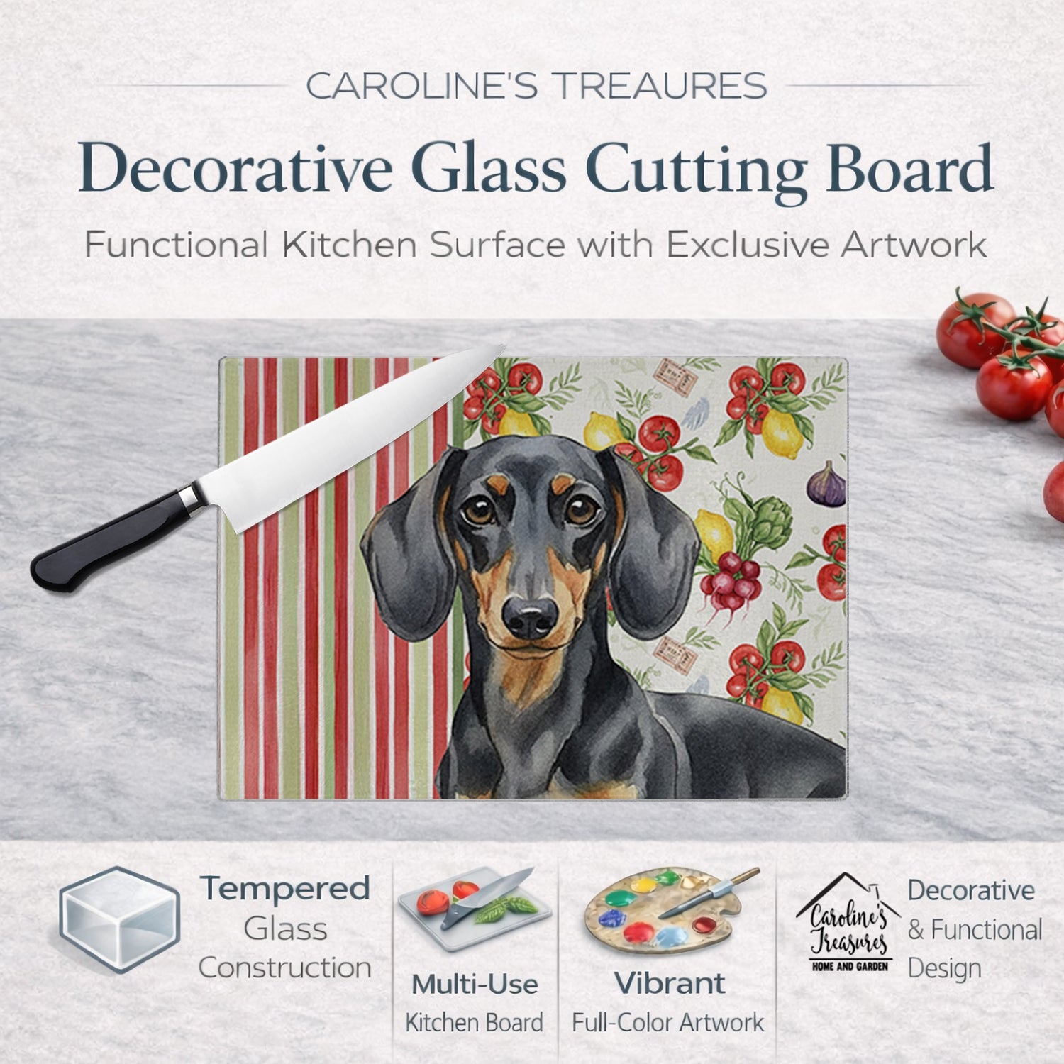 Black and Tan Dachshund Vegetables Cutting Board Tempered Glass Kitchen Cutting Surface, Heat Resistant Chopping, Non-Slip Feet, Food Prep & Serving
