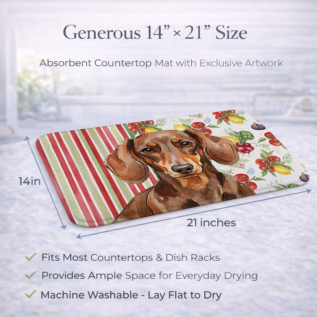 Chocolate and Tan Dachshund Vegetables Dish Drying Mat Absorbent Dish Drying Mat Pad for Kitchen Counter Dish Drainer Mat for Countertop, 14 x 21", Multicolor
