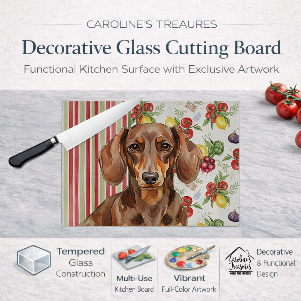 Chocolate and Tan Dachshund Vegetables Cutting Board Tempered Glass Kitchen Cutting Surface, Heat Resistant Chopping, Non-Slip Feet, Food Prep & Serving