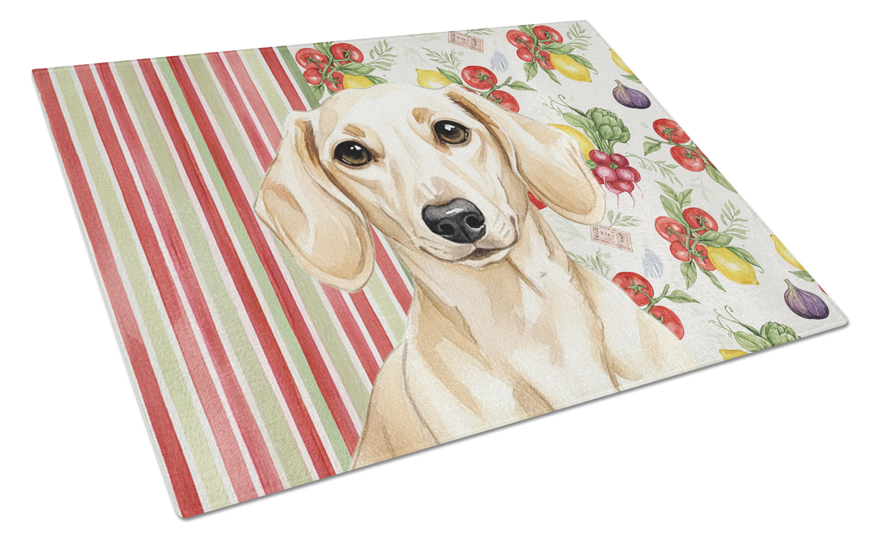 Cream Dachshund Vegetables Cutting Board Tempered Glass Kitchen Cutting Surface, Heat Resistant Chopping, Non-Slip Feet, Food Prep & Serving