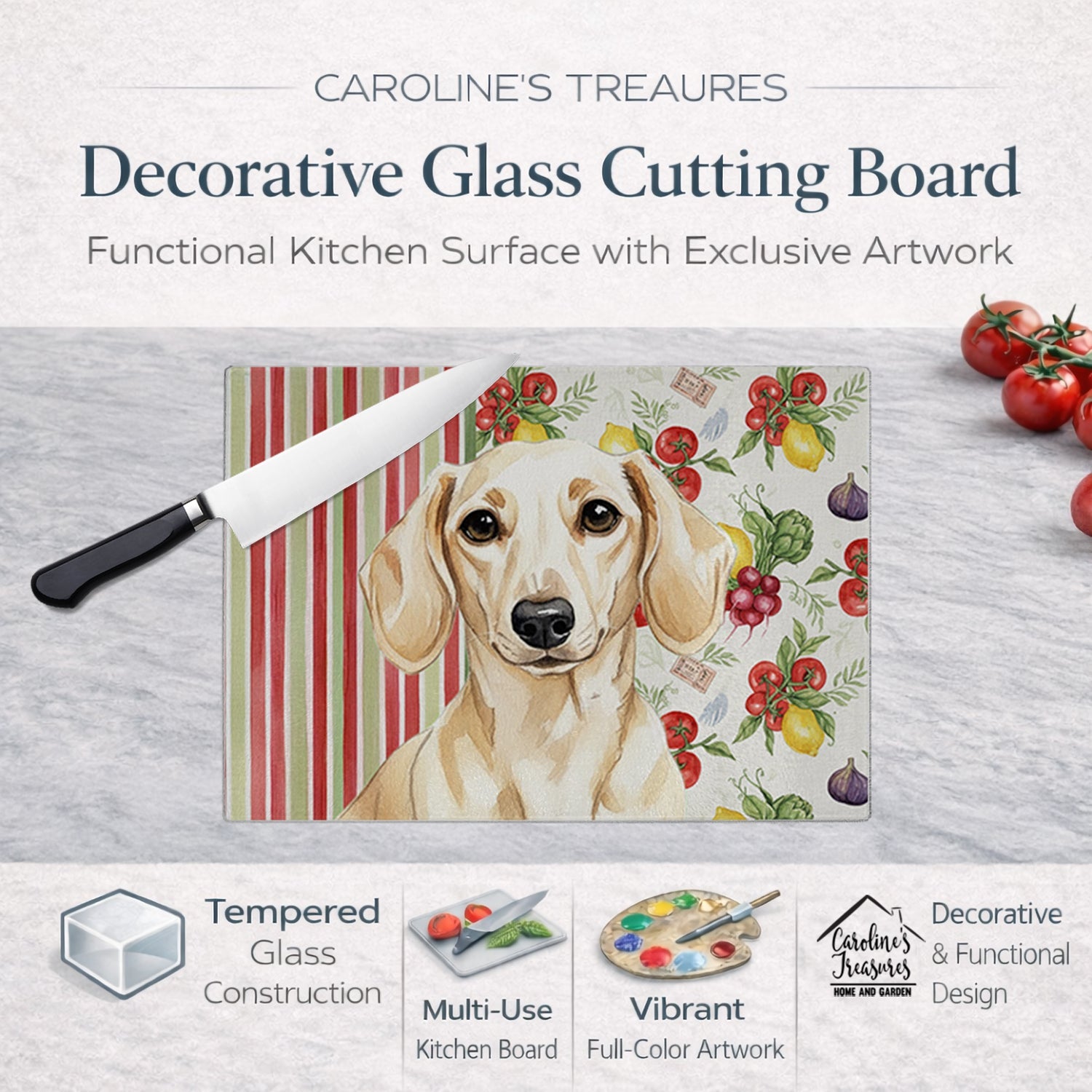 Cream Dachshund Vegetables Cutting Board Tempered Glass Kitchen Cutting Surface, Heat Resistant Chopping, Non-Slip Feet, Food Prep & Serving