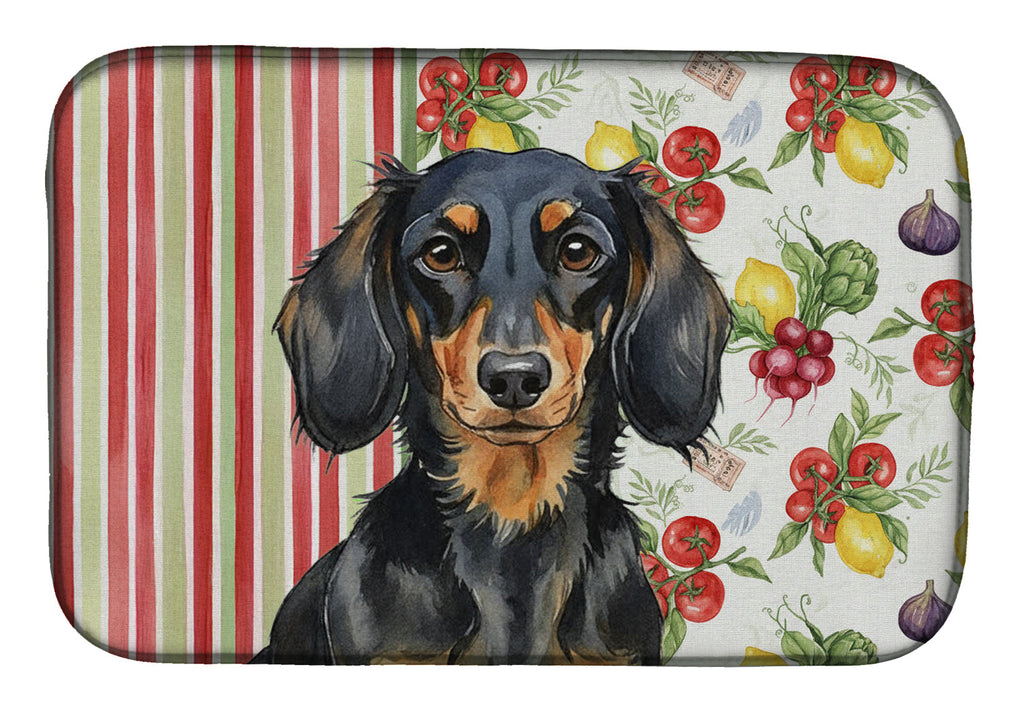 Longhaired Black and Tan Dachshund Vegetables Dish Drying Mat Absorbent Dish Drying Mat Pad for Kitchen Counter Dish Drainer Mat for Countertop, 14 x 21", Multicolor