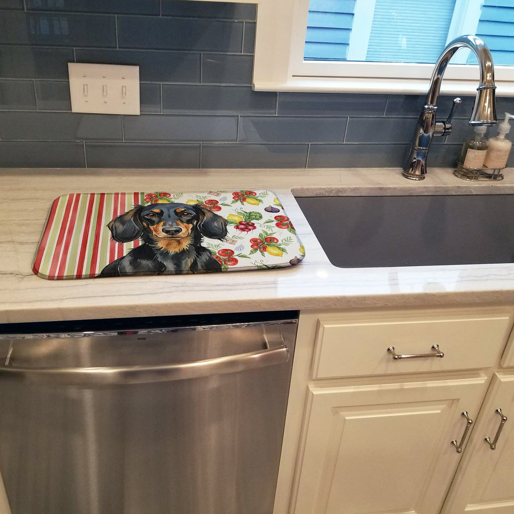Longhaired Black and Tan Dachshund Vegetables Dish Drying Mat Absorbent Dish Drying Mat Pad for Kitchen Counter Dish Drainer Mat for Countertop, 14 x 21", Multicolor