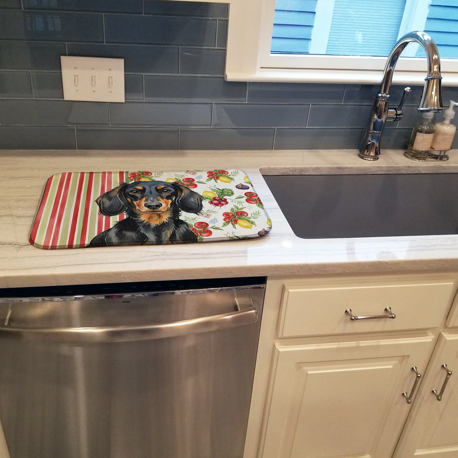 Longhaired Black and Tan Dachshund Vegetables Dish Drying Mat Absorbent Dish Drying Mat Pad for Kitchen Counter Dish Drainer Mat for Countertop, 14 x 21", Multicolor