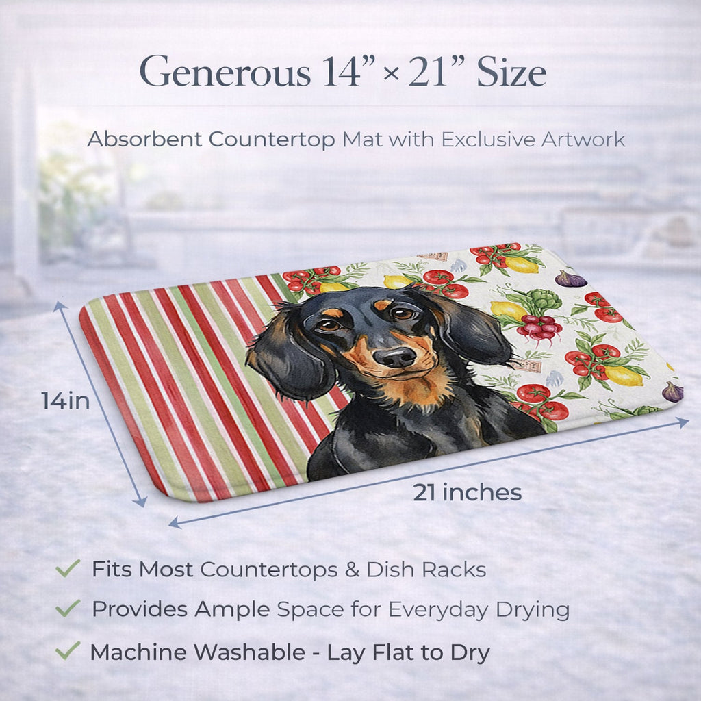 Longhaired Black and Tan Dachshund Vegetables Dish Drying Mat Absorbent Dish Drying Mat Pad for Kitchen Counter Dish Drainer Mat for Countertop, 14 x 21", Multicolor