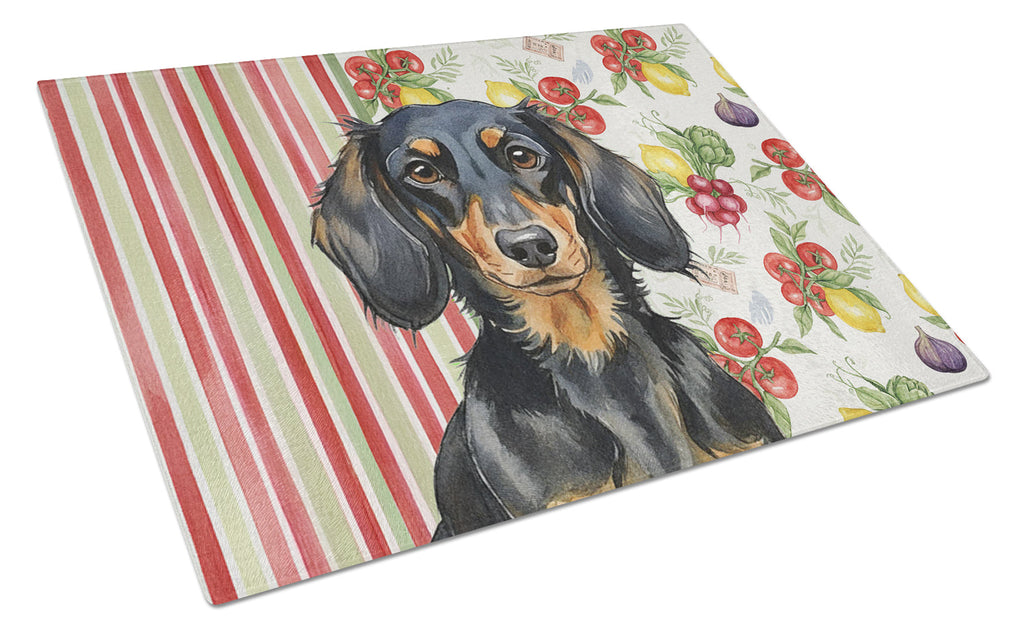 Longhaired Black and Tan Dachshund Vegetables Cutting Board Tempered Glass Kitchen Cutting Surface, Heat Resistant Chopping, Non-Slip Feet, Food Prep & Serving