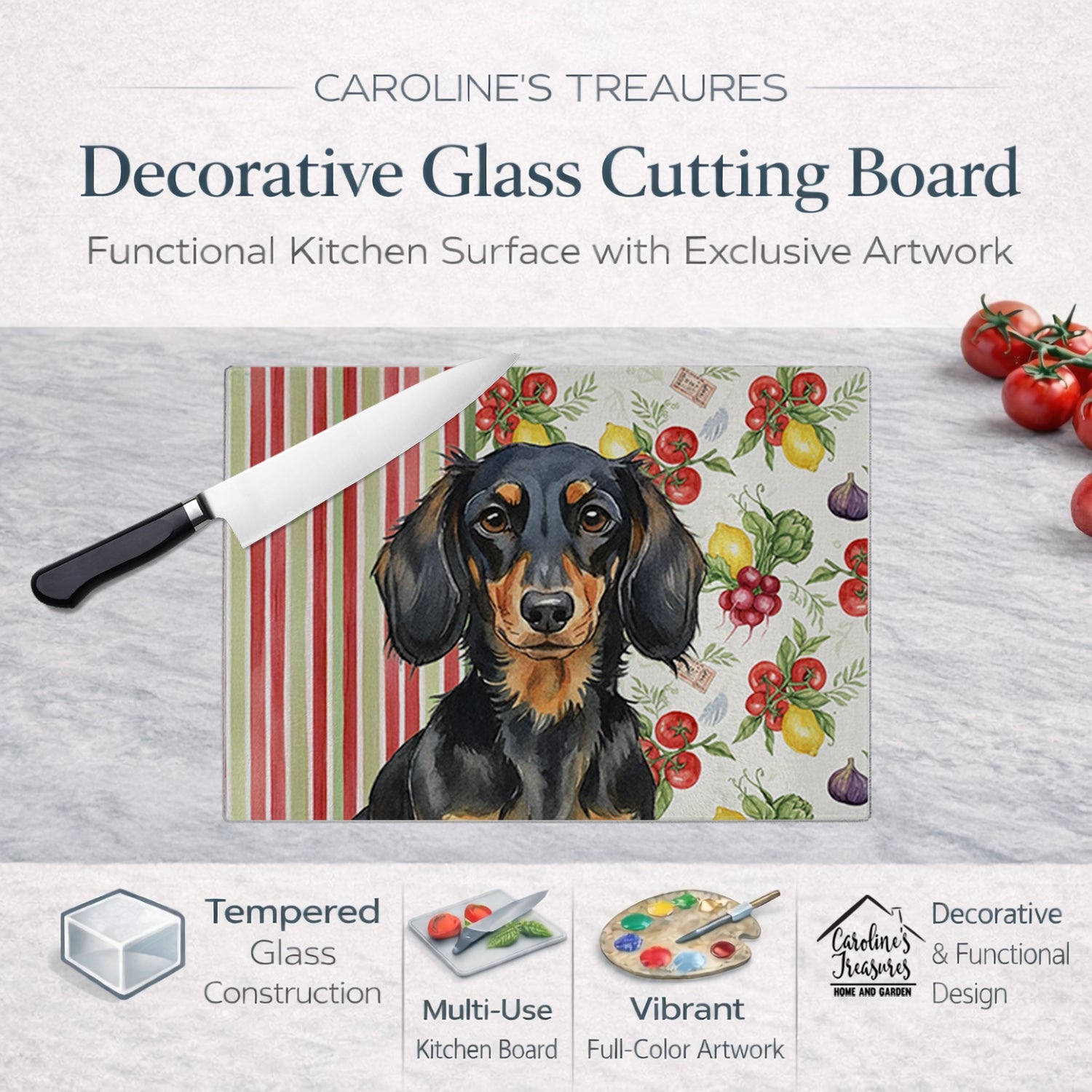 Longhaired Black and Tan Dachshund Vegetables Cutting Board Tempered Glass Kitchen Cutting Surface, Heat Resistant Chopping, Non-Slip Feet, Food Prep & Serving