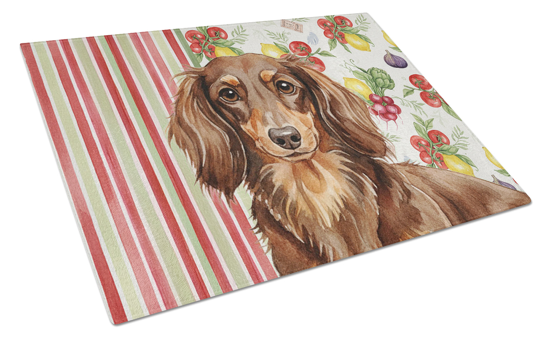 Longhaired Chocolate and Tan Dachshund Vegetables Cutting Board Tempered Glass Kitchen Cutting Surface, Heat Resistant Chopping, Non-Slip Feet, Food Prep & Serving