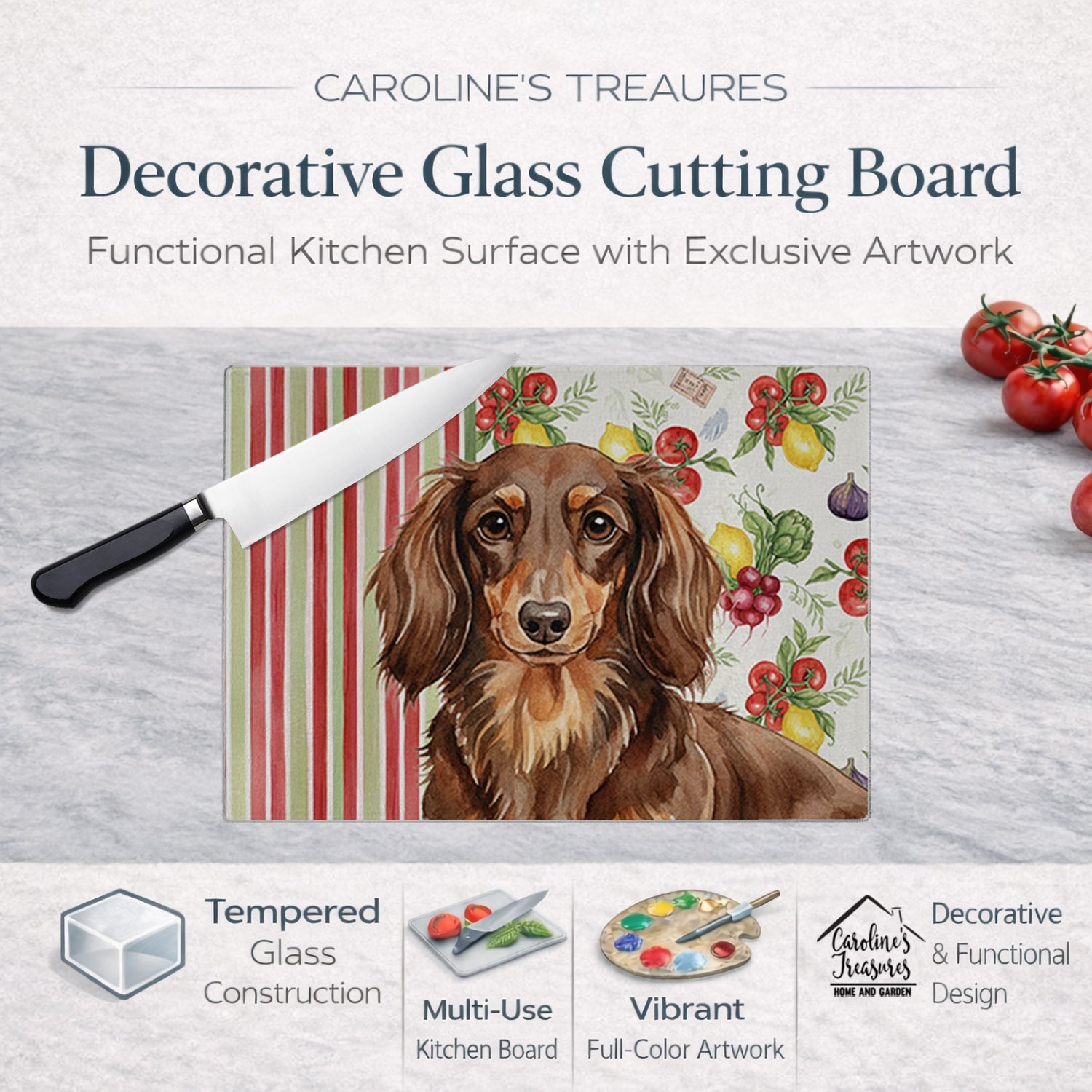 Longhaired Chocolate and Tan Dachshund Vegetables Cutting Board Tempered Glass Kitchen Cutting Surface, Heat Resistant Chopping, Non-Slip Feet, Food Prep & Serving