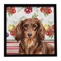 Longhaired Chocolate and Tan Dachshund Vegetables Framed Metal Print Bathroom, Kitchen, Office, Home Decor Wall Art Ready to Hang, Square, 8X8