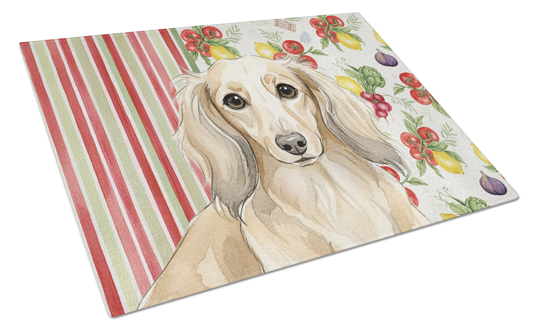 Longhaired Cream Dachshund Vegetables Cutting Board Tempered Glass Kitchen Cutting Surface, Heat Resistant Chopping, Non-Slip Feet, Food Prep & Serving